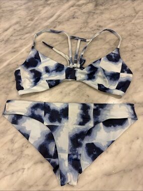 RVCA Blue and White Tie-Dye Strappy Bikini